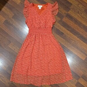 Jessica Simpson Red Orange Floral Ruffle Sleeves Midi Dress